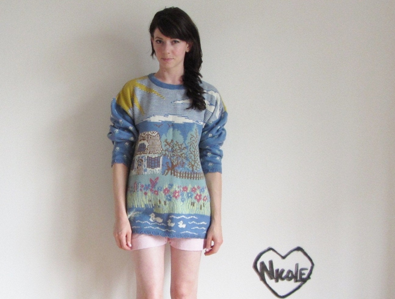 SWEATER OF SWEATERS . quaint cottage farm scene .extra large.xl.aint no thing .sale
