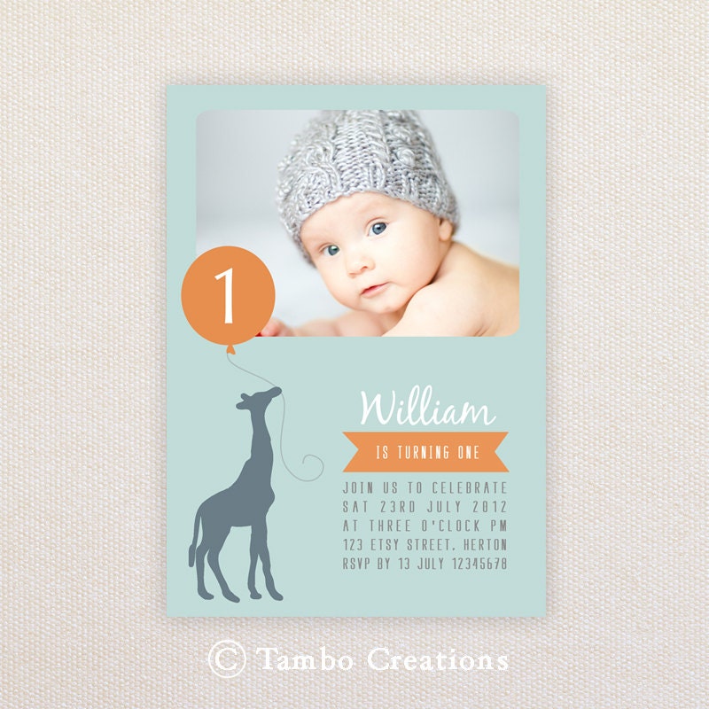Boys Birthday Party Invitations. Giraffe & balloon. I Customize, You Print. Il_170x135