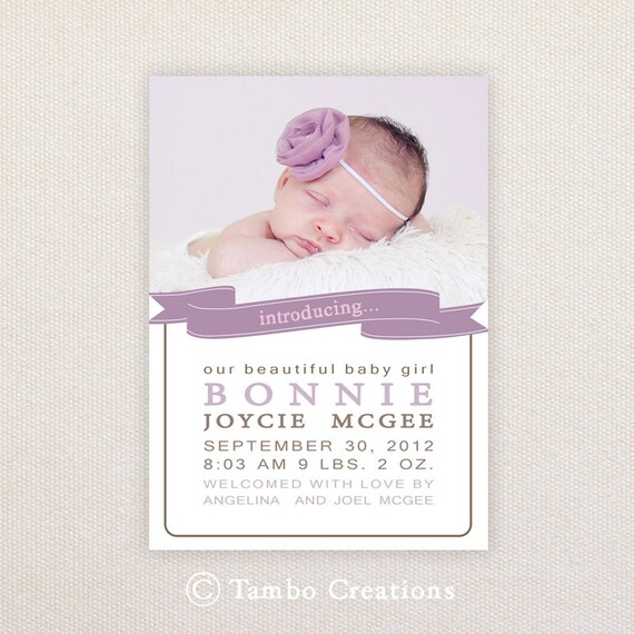 Girls Photo Birth Announcement. I Customize, You Print. Il_570xn