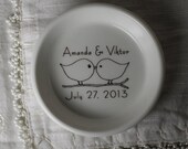 CUSTOM Ceramic Ring Holder - Love Birds - Your Names and Wedding Date -  and your color choice