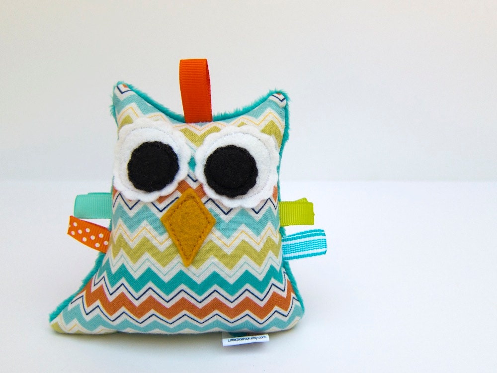 Owl Plush Rattle Baby Toy Small Stuffed Owl Minky Plush Green Turquoise Aqua Teal Orange