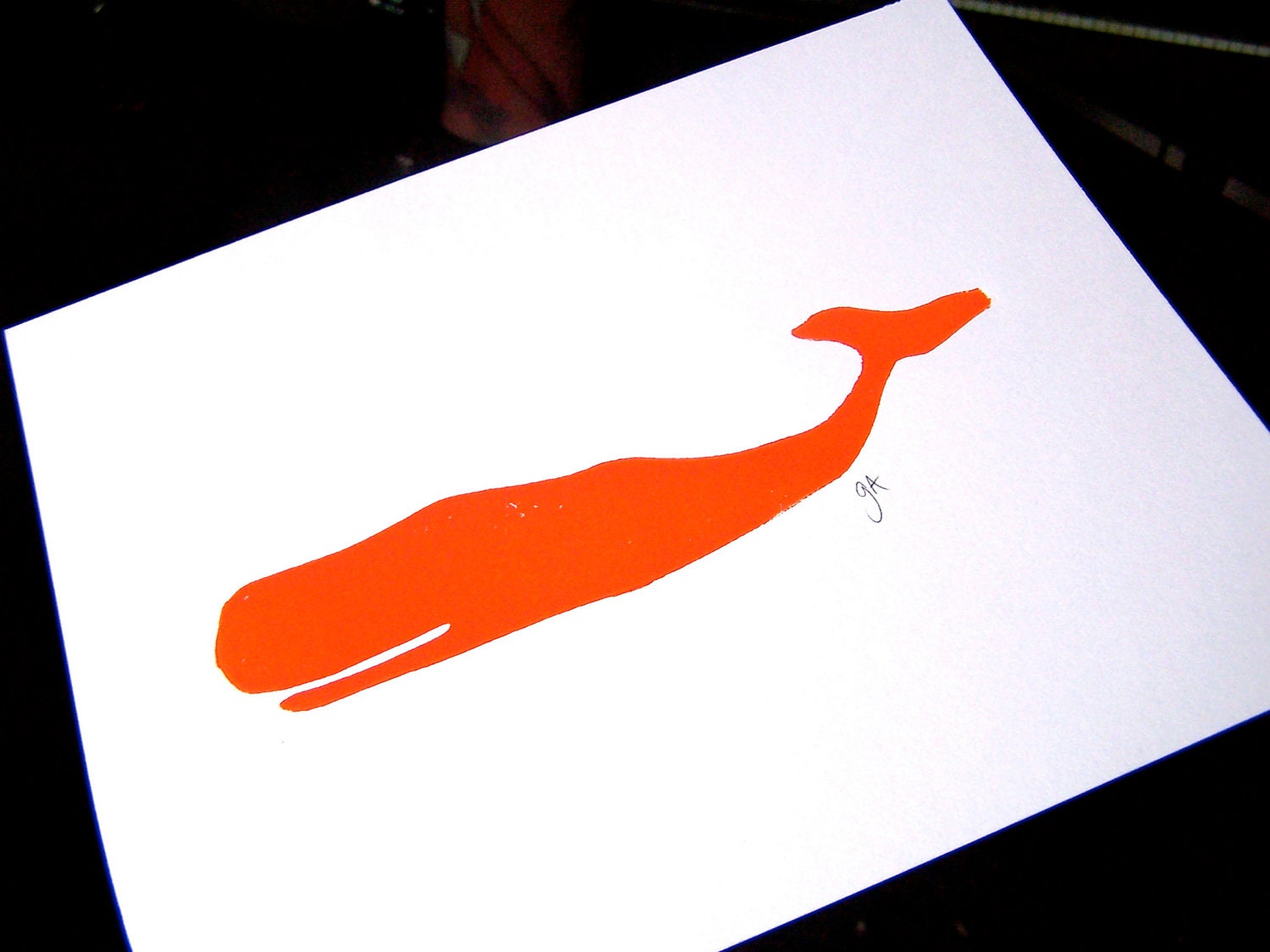 LINOCUT PRINT - whale LETTERPRESS orange poster 8x10