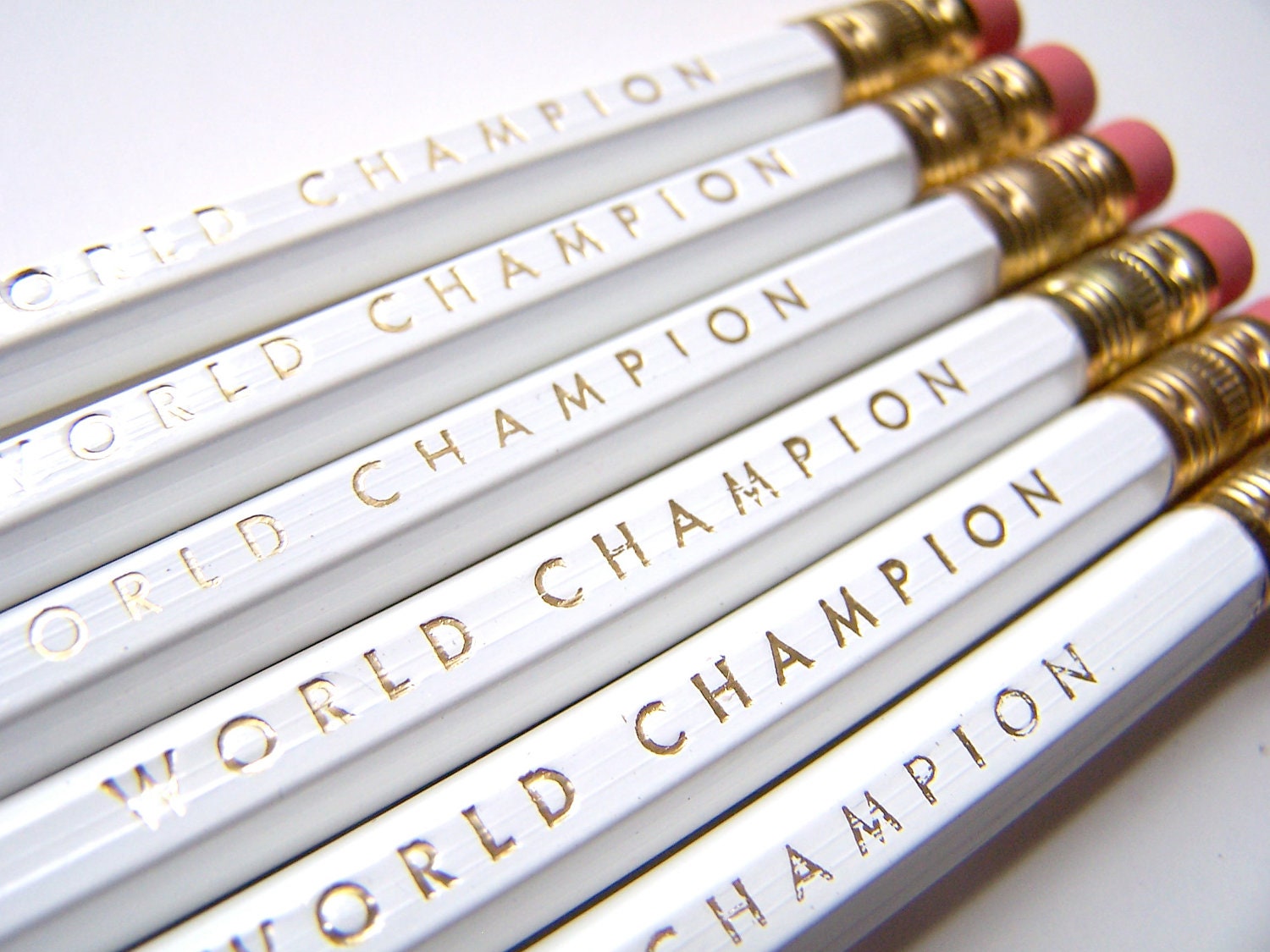 PENCILS (6) white - world champion GRAPHITE hex pencils w/ hand-stamped pencil box