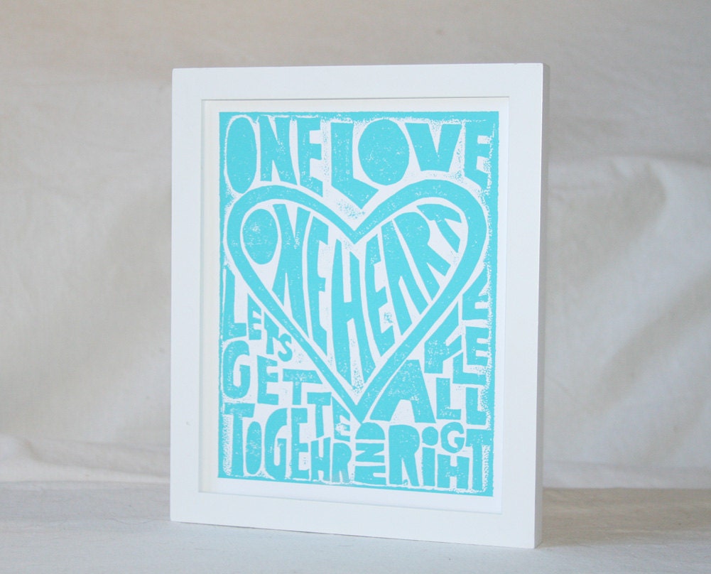 11x14  Bob Marley One Love Poster Print Raw Art Letterpress, wall hanging,
