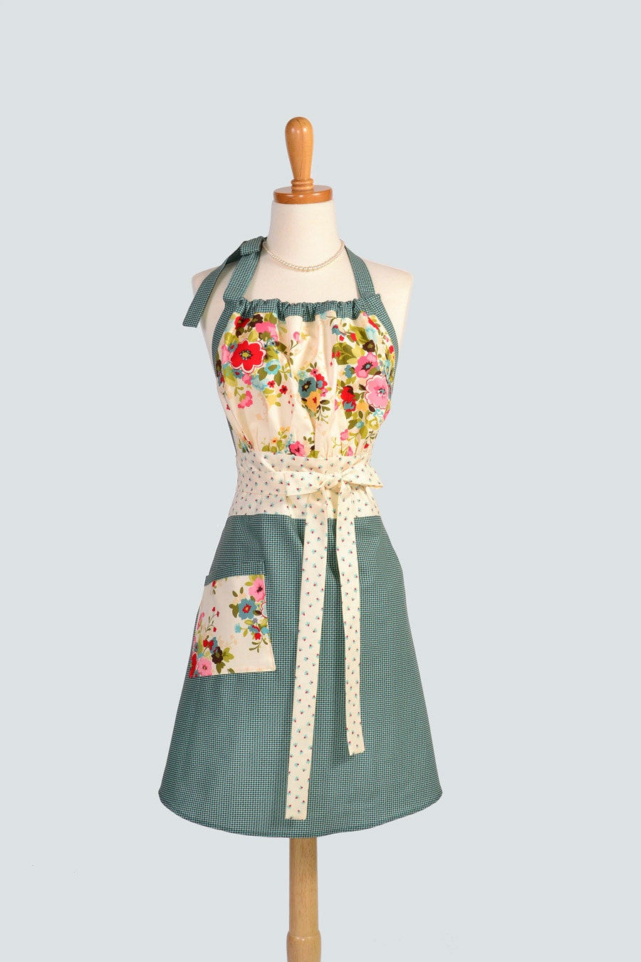 Cute Kitsch Retro Apron / Retro Womens Apron in Moda Sophie Turquoise Brown Houndstooth and Creamy Florals Full Length