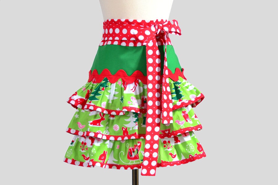 Christmas Apron . Cute Retro Womens Half Apron With Ruffles is One Of A Kind Handmade Holiday Apron