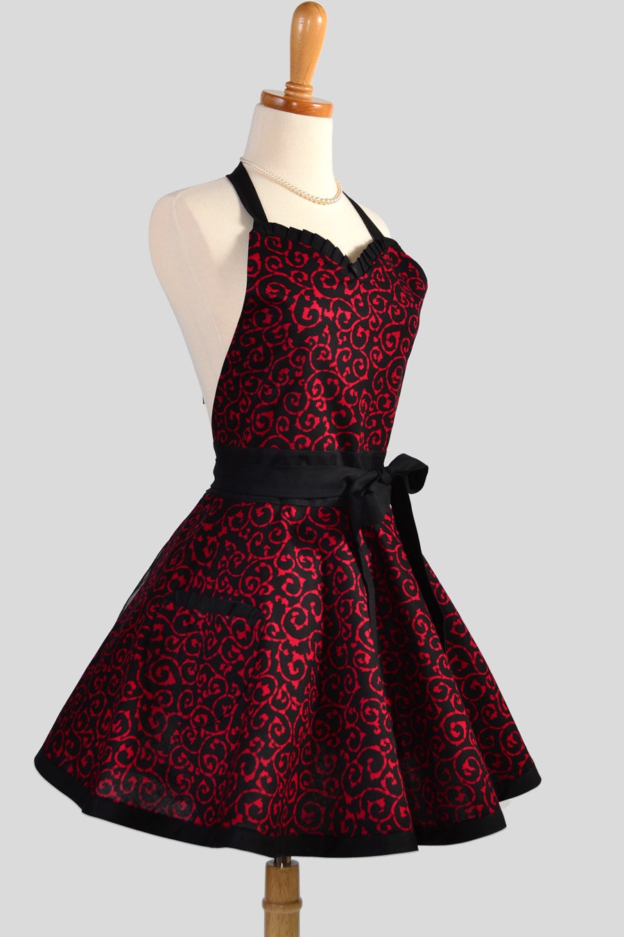 Sweetheart Retro Apron , Sexy Handmade Kitchen Apron in Red Scroll Print on Black Background