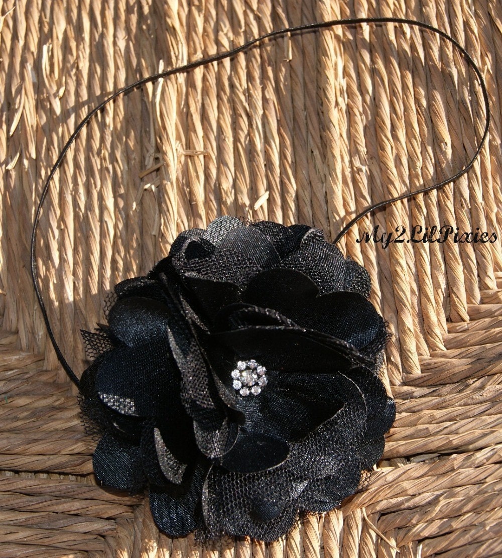 Christmas Headband Holiday Dress-Black flower with Rhinestone Center on Itty Bitty Headband - Newborns Toddlers photo prop