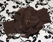 SALE- Chocolate Brown Sequin Center Flower On Chocolate Soft Stretch Nylon Headband - Photo Prop- Pictures