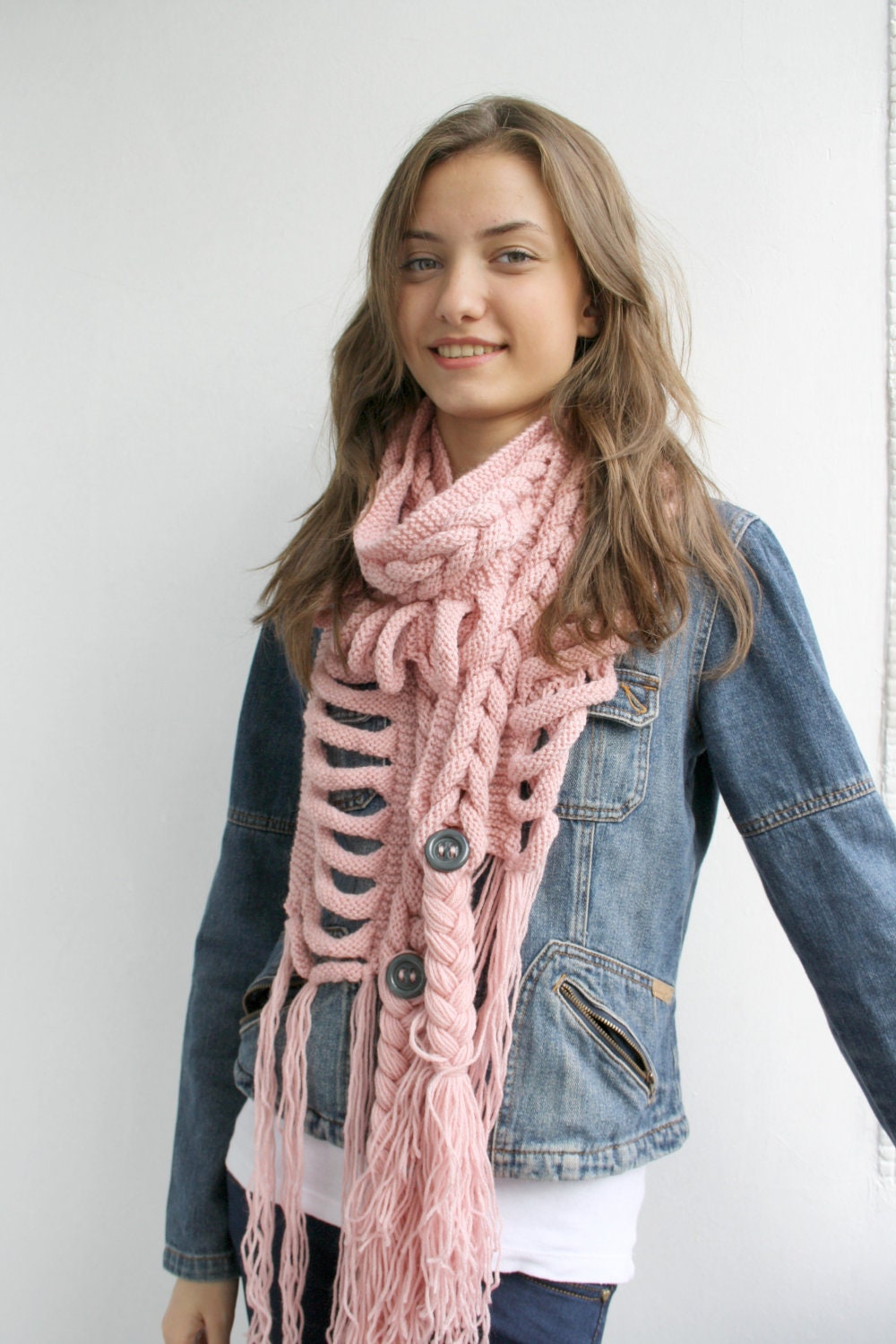 Free SHIPPING Pale Pink  Wool  Scarf with Dark Gray Button Mothers day gift For Her