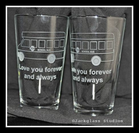 Pair of Etched Glass Short Bus Hiball Pints, Unique and Funny by Jackglass on Etsy