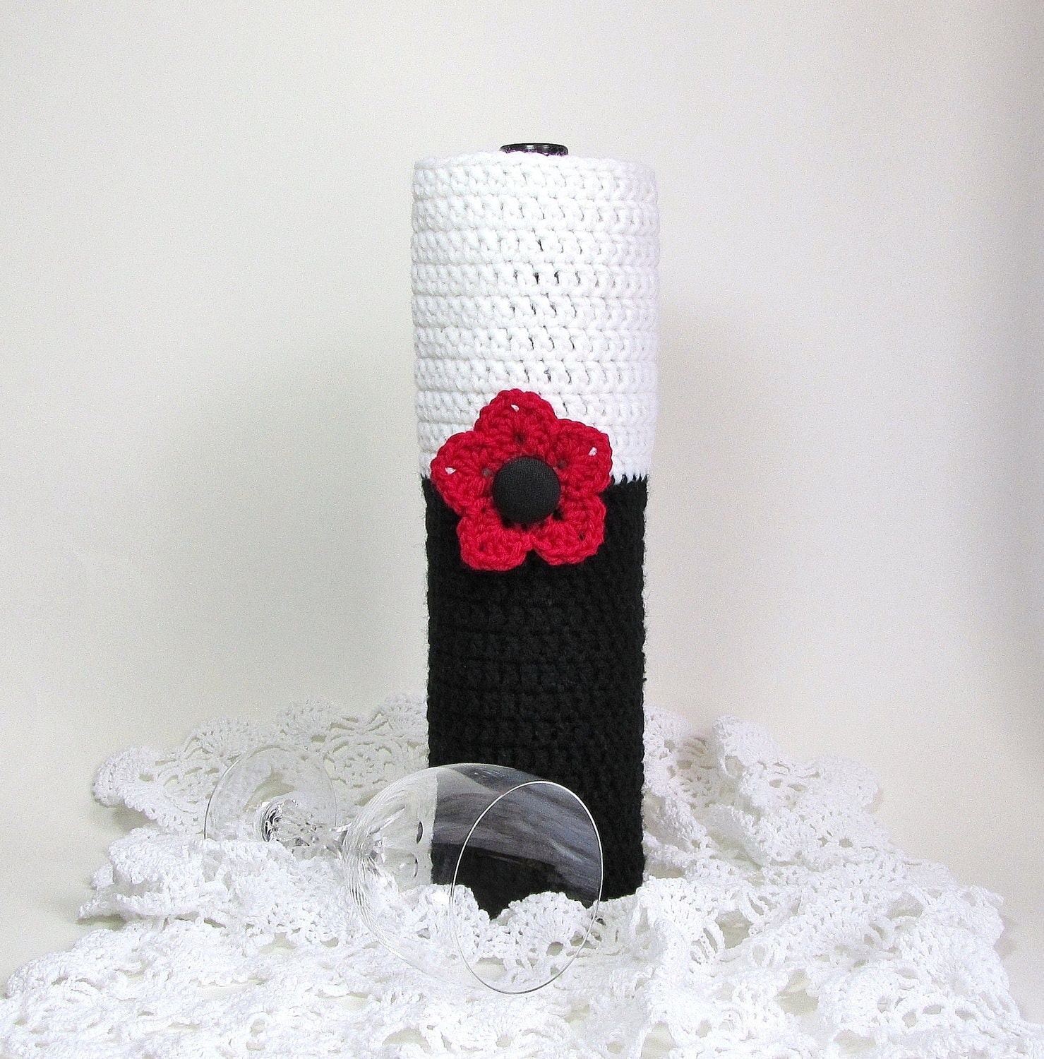 Wine Sleeve Sock Cozy Champagne Bottle Gift Bag Midnight Black Snow White Red Rose Flower Button Adornment Ebony and Ivory