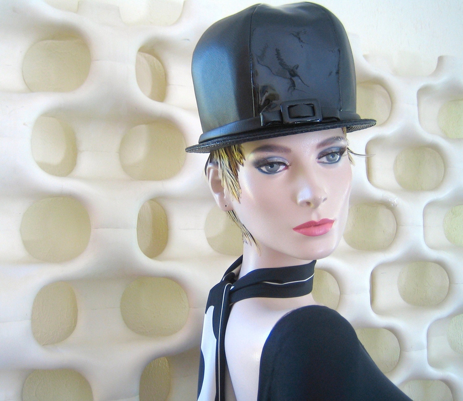 60's Era High Fashion Mod Bubble Hat in Black Matte & Black Patent Vinyl