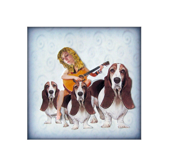bassett hound, dog portrait, animal art, dog art, blue home decor, shabby chic, sad, pensive, guitar, woman, pet collage, tagt team, pet art