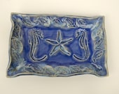 Butter Dish Soap Dish Sponge Holder Blue Handmade Pottery w feet Ocean Starfish and Seahorse
