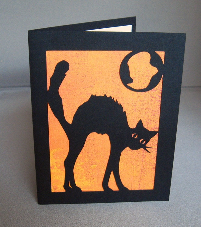Halloween Cat Silhouette Art Cut Paper Greeting Card - arwendesigns