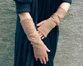 Beige Day - crocheted open work lacy long mittens fingerless gloves wrist warmers in beige color