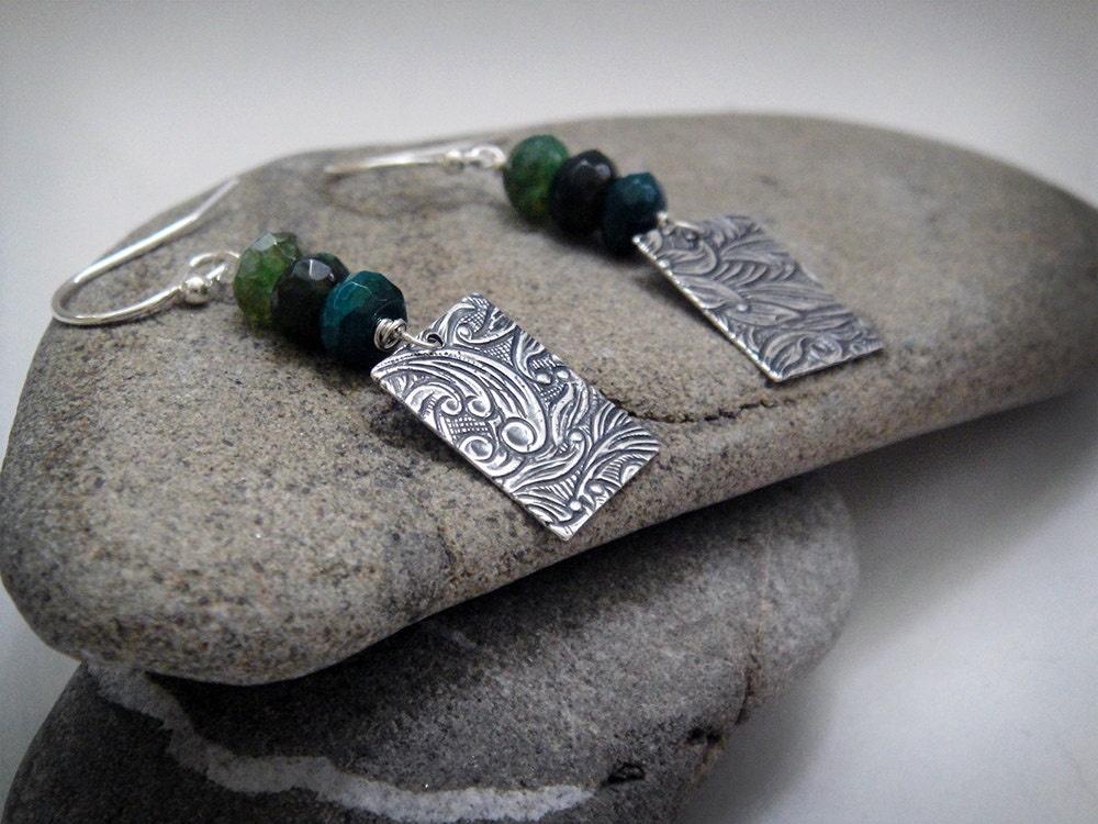 Green Agate Rondelles and Silver Swirl Rectangle Dangle