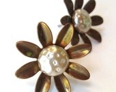 Frosty Winter Pearl and Copper Flower Post Earrings - Vintage Pearls and Copper Flower Post Earrings