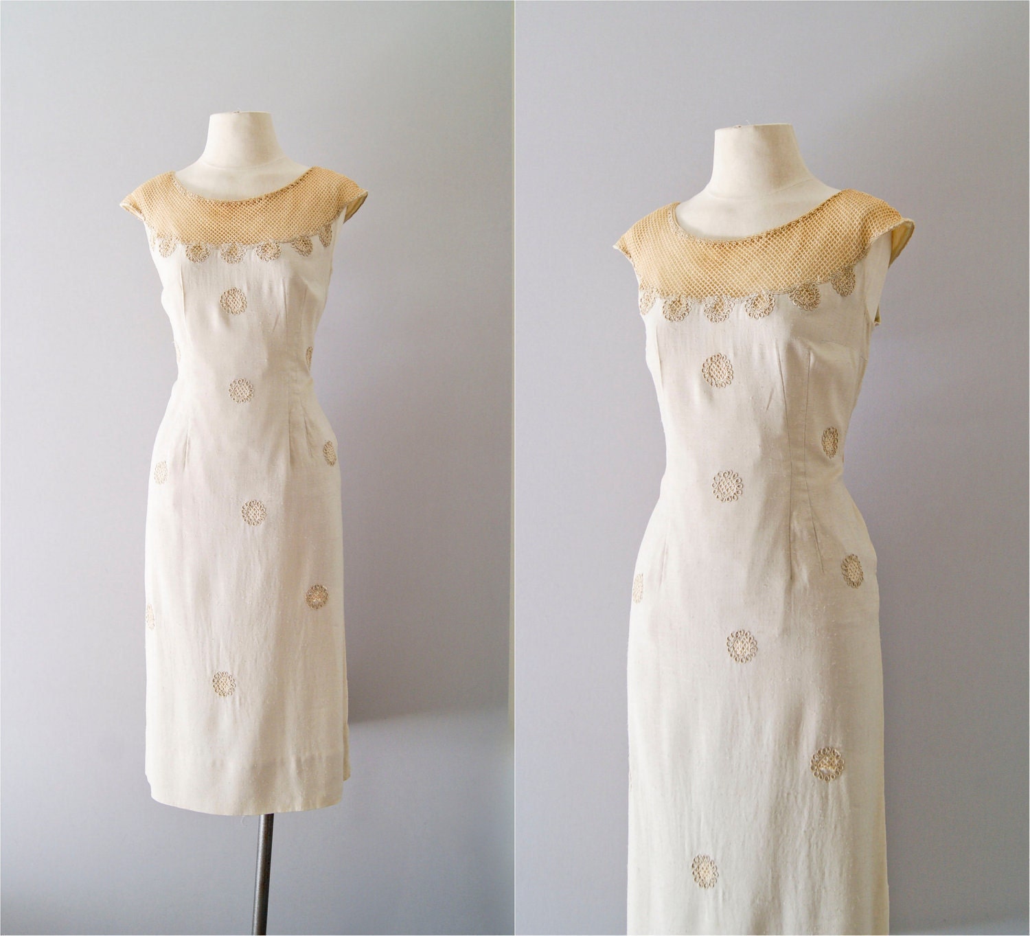 50s dress / 1950s tonal linen and gold mesh dress / Gilded Illusion dress