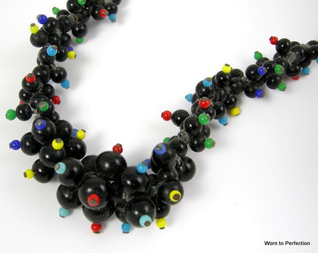 Vintage Necklace Black Glass Beaded with Multicolored Caps