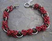 Bracelet - Chainmail - red rings with black multi-colored bead Suspended Byzantine