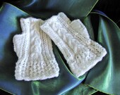 White Lace Fingerless Gloves - Pure White - Cables and Beads - Acrylic - Hand Knit