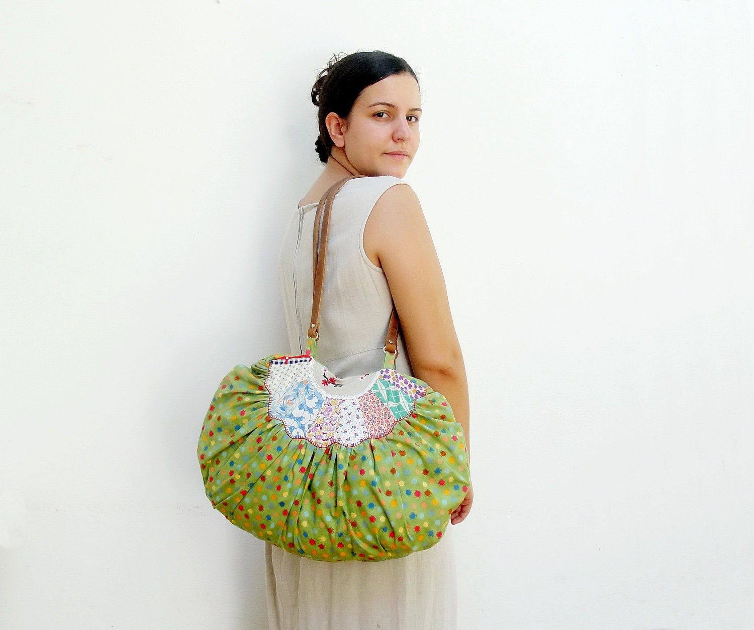 Happy Dots Bag - Hobo, vintage embroidery, patchwork, leather