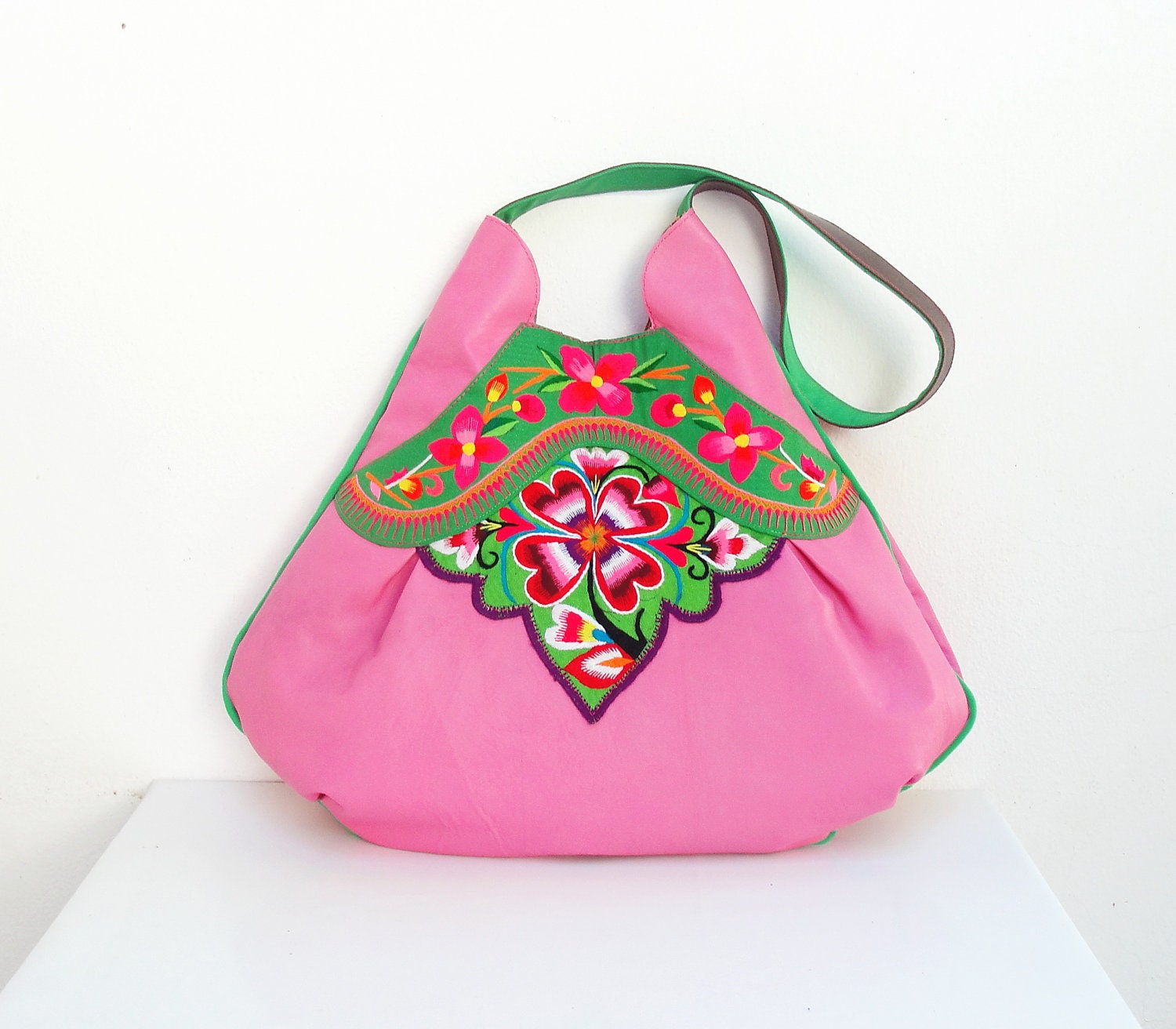 Vintage Embroidery and Leather Bag - Large Pink Boho Purse