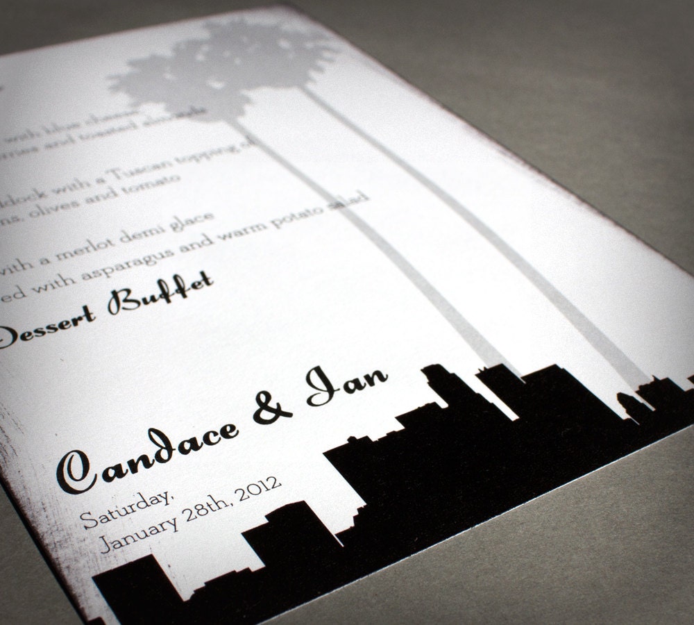 Los Angeles Skyline Menus Wedding Black and White Silhouette Modern Palm Trees LA Custom Cities available