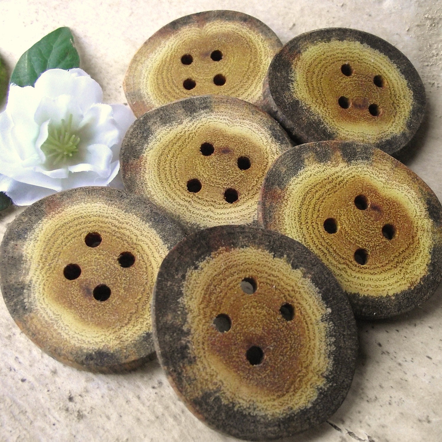 Wooden Buttons - 6 Rustic Ohio Osage Orange Wood Tree Root Buttons - 4 holes, 1 7/8 x 1 5/8 inches - For journals, purses, pillows, and more