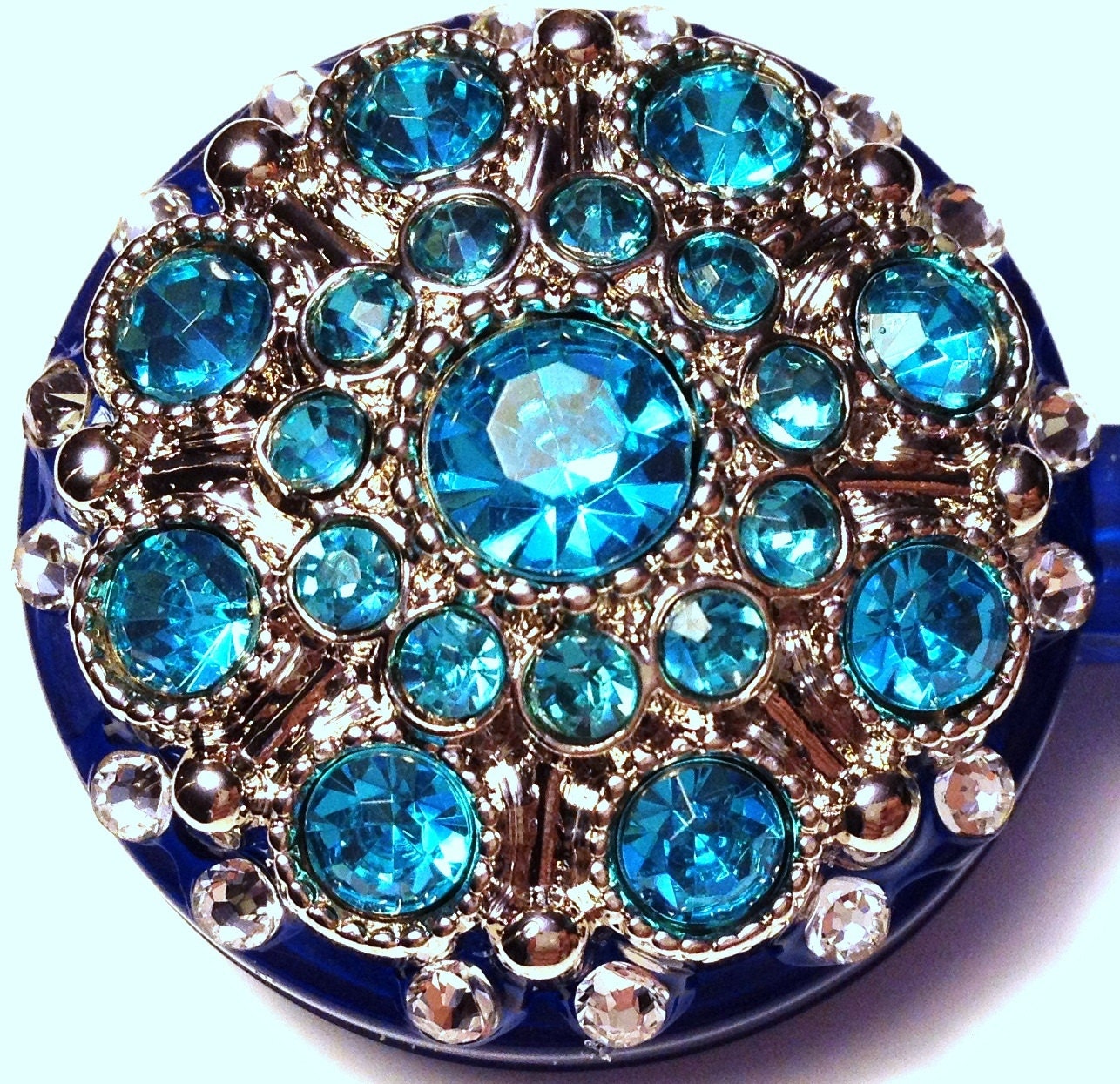 Bright Aqua Blue Vintage-Style Rhinestone & Swarovski Crystal Embellished ID Badge Reel