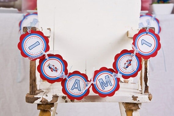 Airplane Themed I AM 1 Happy First Birthday MINI BANNER - Airplane Party Decorations in Blue and Red Il_570xn