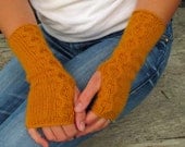 Gold fingerless gloves with cabling detail