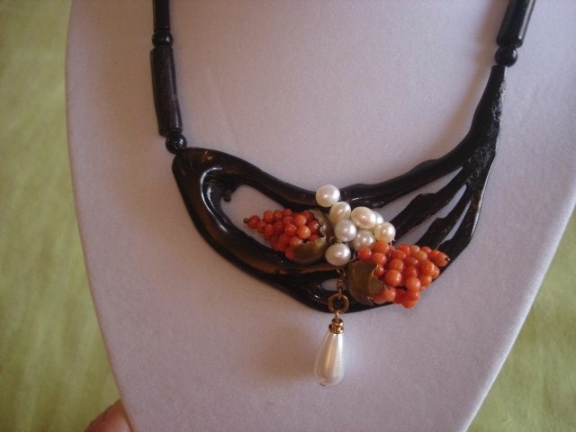 Vintage Black  Pink Coral Jewelry Cluster Bib Necklace  Pearls Pendant