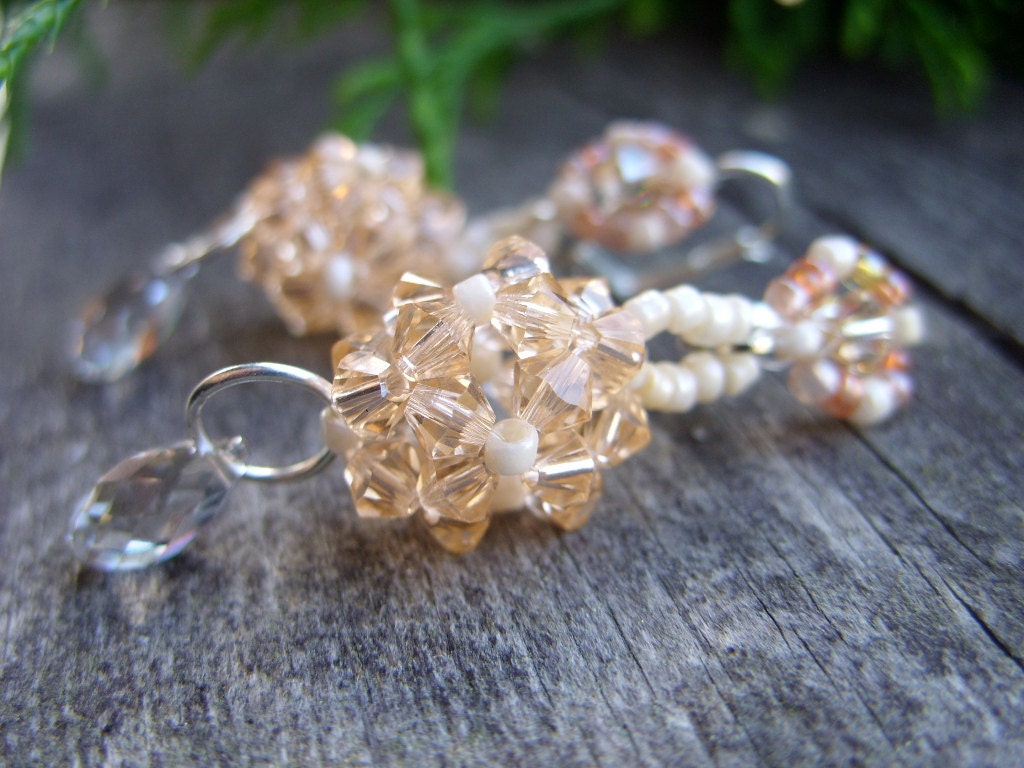 Swarovski crystallized dangle elegant earrings glass beads sparkling bead woven pale pastel peach medium wedding jewelry - MageStudio