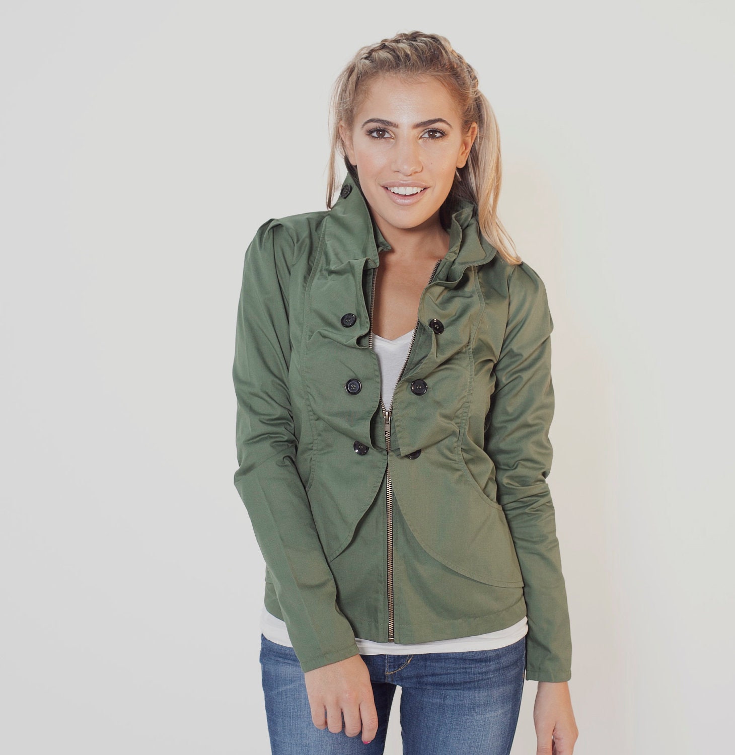 Womens Ruffled Jacket Blazer High Collar Hunter Green Navy Black Ruffled Front Spring Cotton Pockets - JASMINE