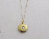 Gold Locket Necklace Starburst Necklace Rhinestone Locket Round Locket Vintage Locket Brass Locket Necklace Keepsake Holiday - Starlight