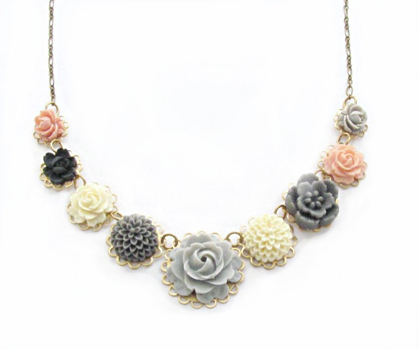 Garden Flower Necklace Gray Flower Necklace Peach Rose Necklace Garden Wedding Cottage Chic Statement Necklace - Providence