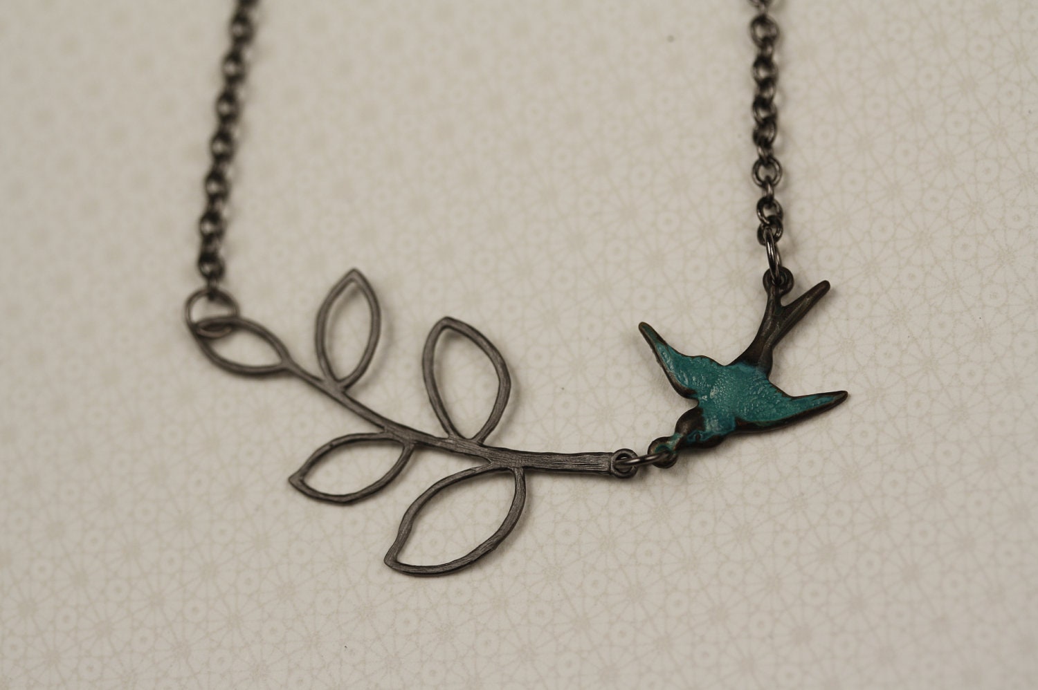 Blue Bird and Black Gunmetal Branch Necklace, Bridal Pendants, Gunmetal Chain, Leaf Silhouette, Jewelry, Bridesmaids Set, Bridal Fashion