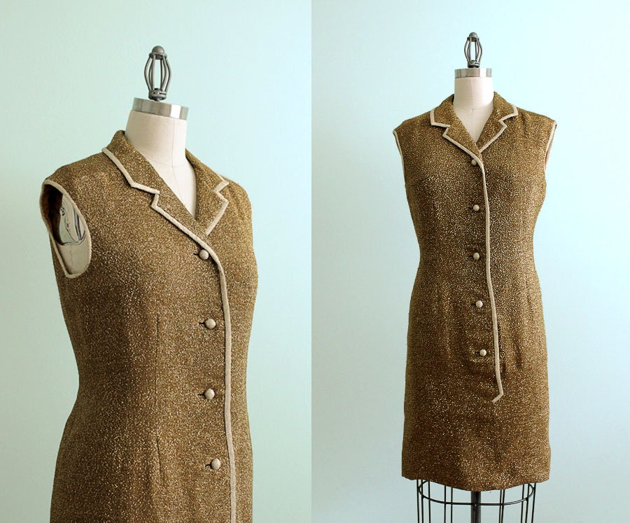 Vintage 1960's Metallic Gold Mod Dress - Small Medium