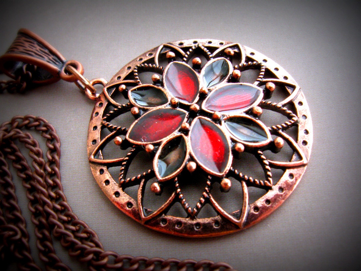 Cranberry Jam statement Pendant on long antiqued copper chain