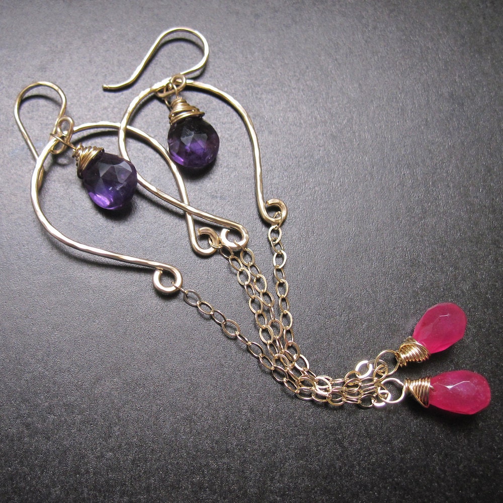 Pink Raspberry Agate and Purple Amethyst - Fly Away Balloon Gemstone Earrings - 14k gold fill handmade wire wrapped
