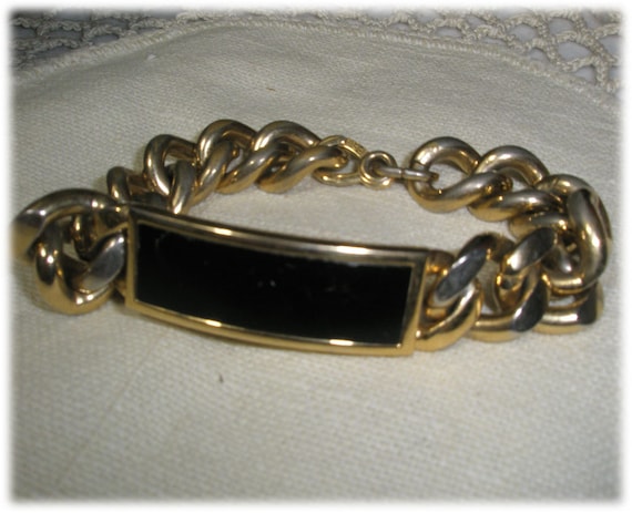 Vintage 1970s Gold Plated Speidel Mens Heavy ID Bracelet Curb Chain Onyx Inlay No Engraving