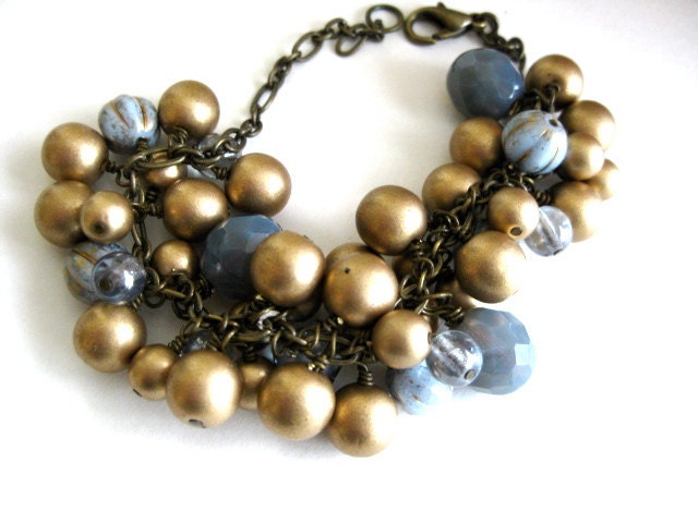Blue and Gold Pearl Glass Antique Brass Charm Bracelet