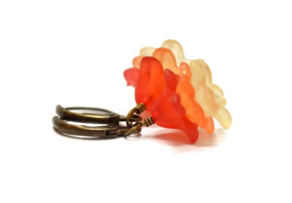 Flower Earrings, Fire Red Orange Yellow Autumn Harvest Antiqued Brass Dangle Fall Fashioin Gift For Her Under 20