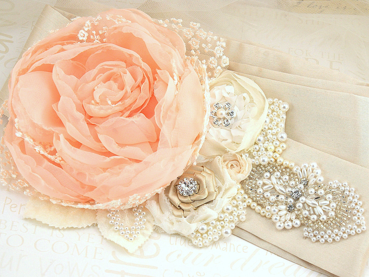 Bridal Sash - Wedding Sash in Peach, Nude, Champagne and Ivory Vintage Inspired with Lace, Chiffon Pearls- Pearl Queen - SolBijou