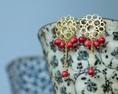 Coral jewelry, Red coral earrings, Red coral jewelry, coral jewellery, bubble earrings , Stud chandelier earrings, Red earrings, Gold