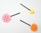 COTTON CANDY FLUFF - Set of Three - Flower Cabochon Button Bobby Pins in Mauve Pink, Mango Mustard, and Butter Yellow