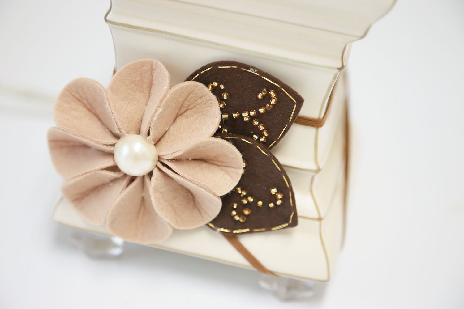 CHOCOLATE MALT BALL - Felt Flower Headband in Beige, Brown and Gold
